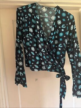 Roper Black Wrap Blouse with Teal and White Medallion Print